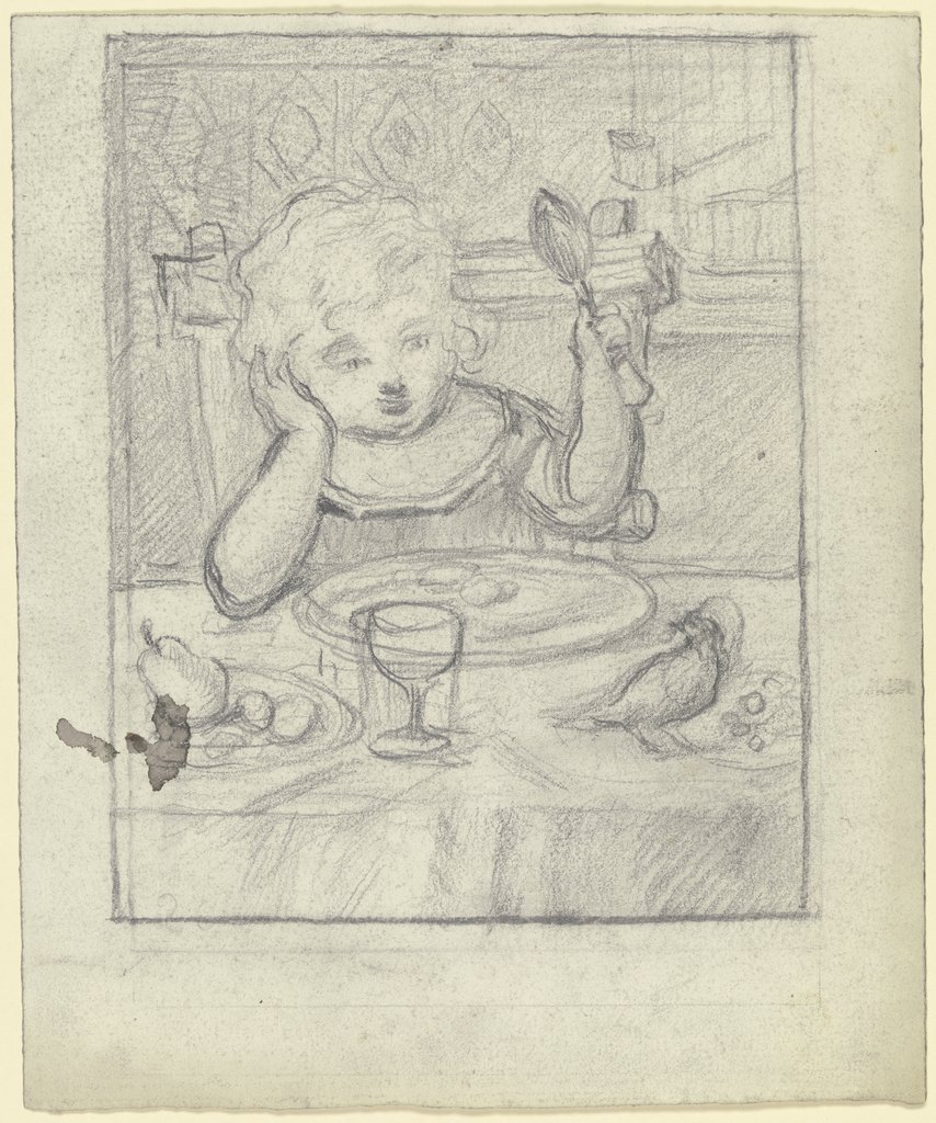 Kind am Tische mit Löffel und Vogel, Otto Scholderer