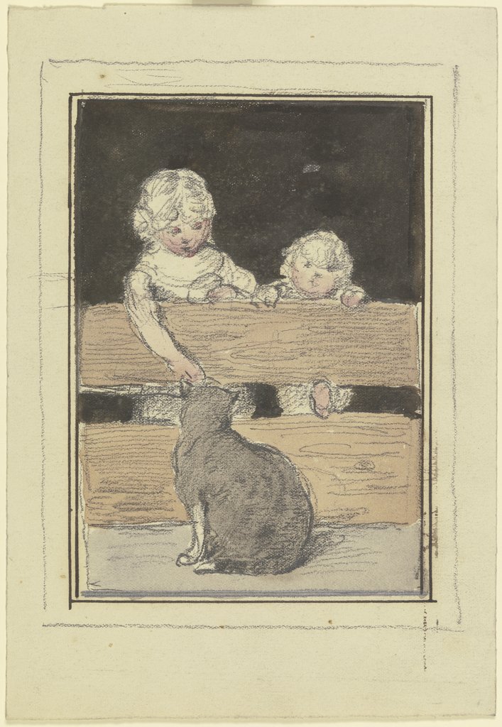 Zwei Kinder am Zaun mit einer Katze, Otto Scholderer