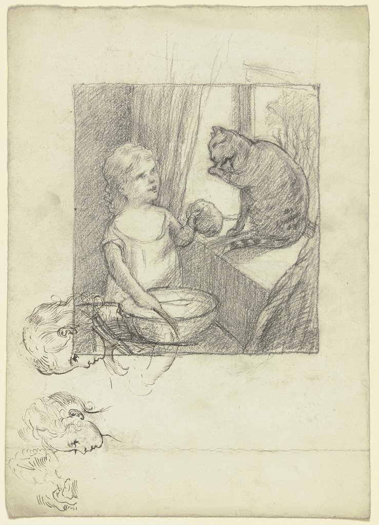 "Katzenwäsche", dabei Studien eines Kinderkopfes im Profil nach links, Otto Scholderer