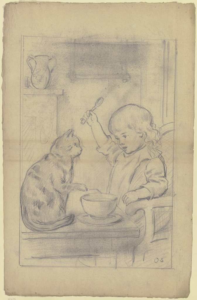 Child at the dining table with cat, Otto Scholderer