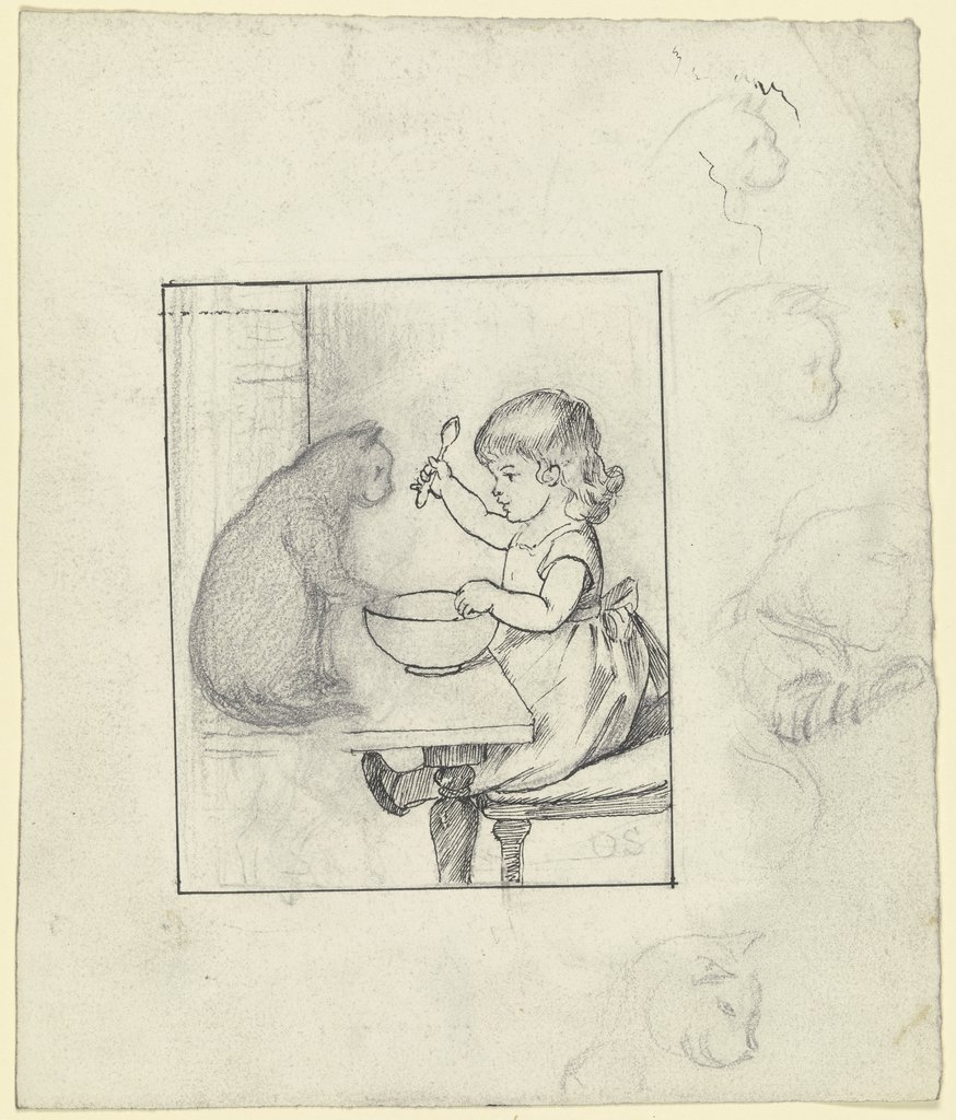 Kind am Esstisch mit Katze, rechts vier Skizzen eines Katzenkopfes im Profil, Otto Scholderer