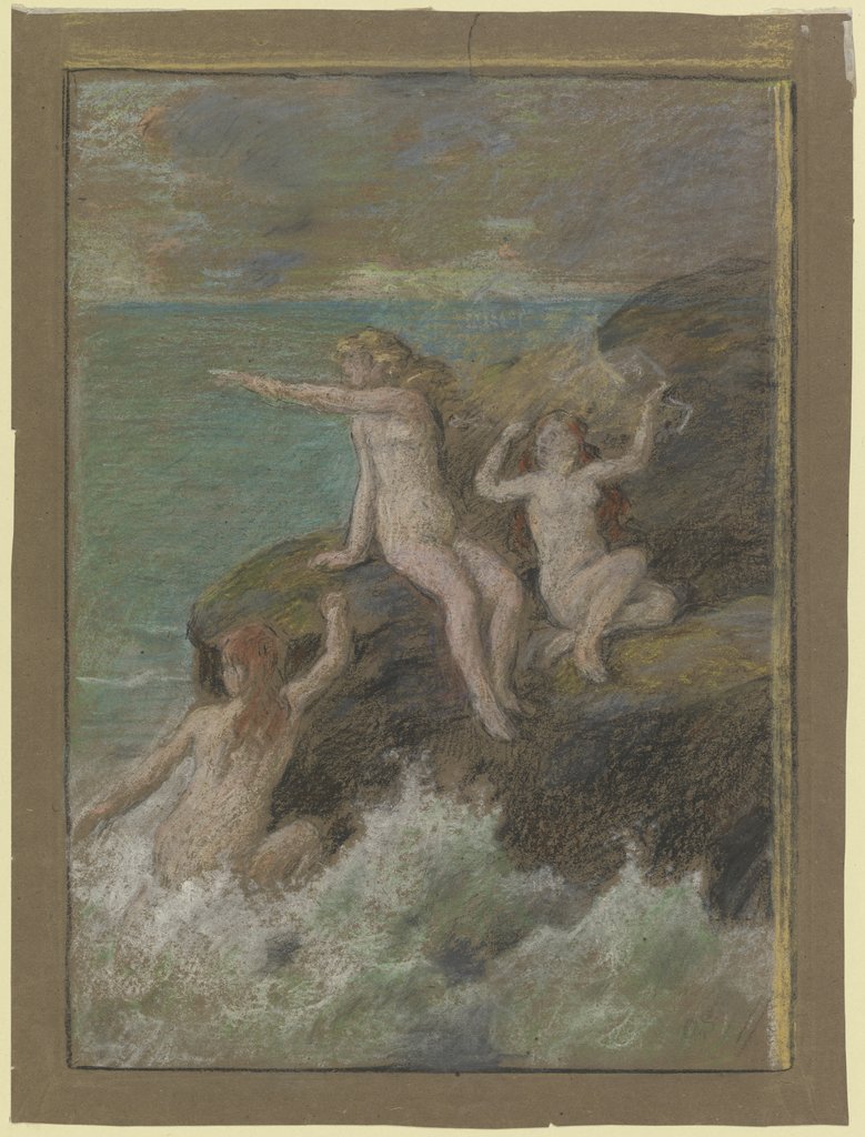 Drei nackte Frauen auf einem Felsen, Otto Scholderer