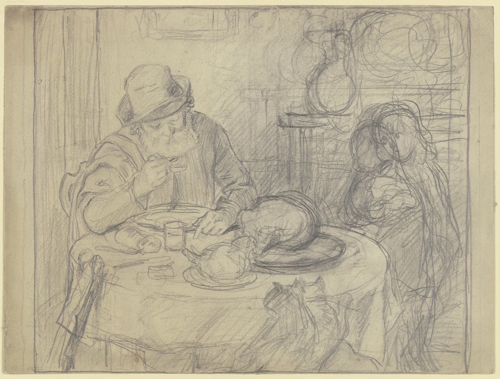 Mann am Esstisch mit Kind und Katze, Otto Scholderer