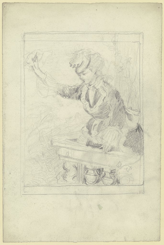 Woman on balcony, waving, Otto Scholderer