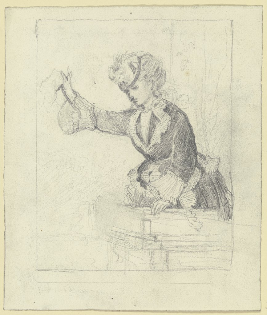 Woman on balcony, waving, Otto Scholderer