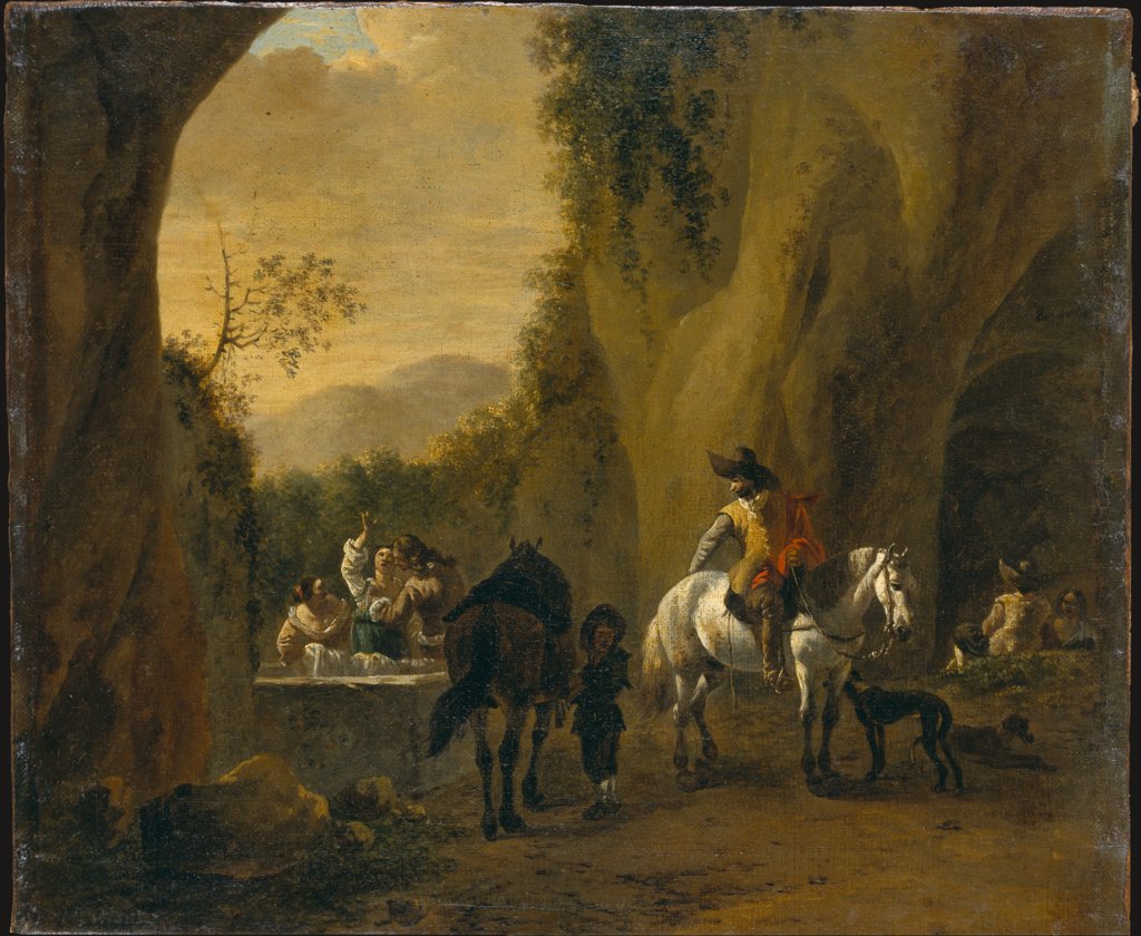 Landschaft mit Brunnen an einem Höhleneingang mit rastenden Reitern und Wäscherinnen, Bartholomeus Engels