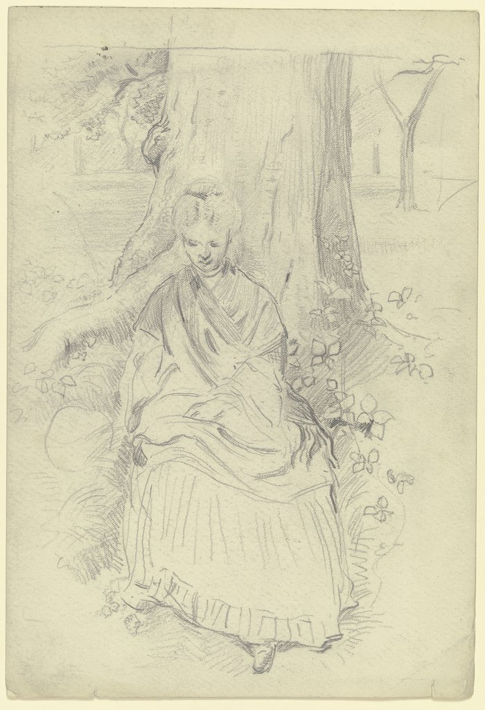 Luise Scholderer, an einem Baumstamm sitzend, Otto Scholderer