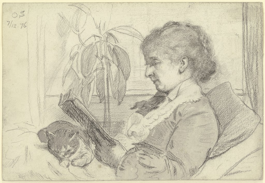 Luise Scholderer lesend mit Katze, Otto Scholderer
