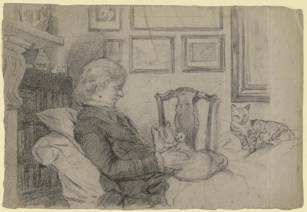 Luise Scholderer am Kamin mit vielen Katzen, Otto Scholderer