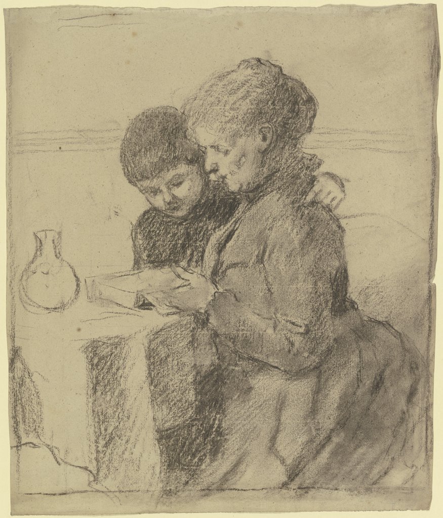 Luise Scholderer gemeinsam mit ihrem Sohn Victor in einem Buch lesend, Otto Scholderer