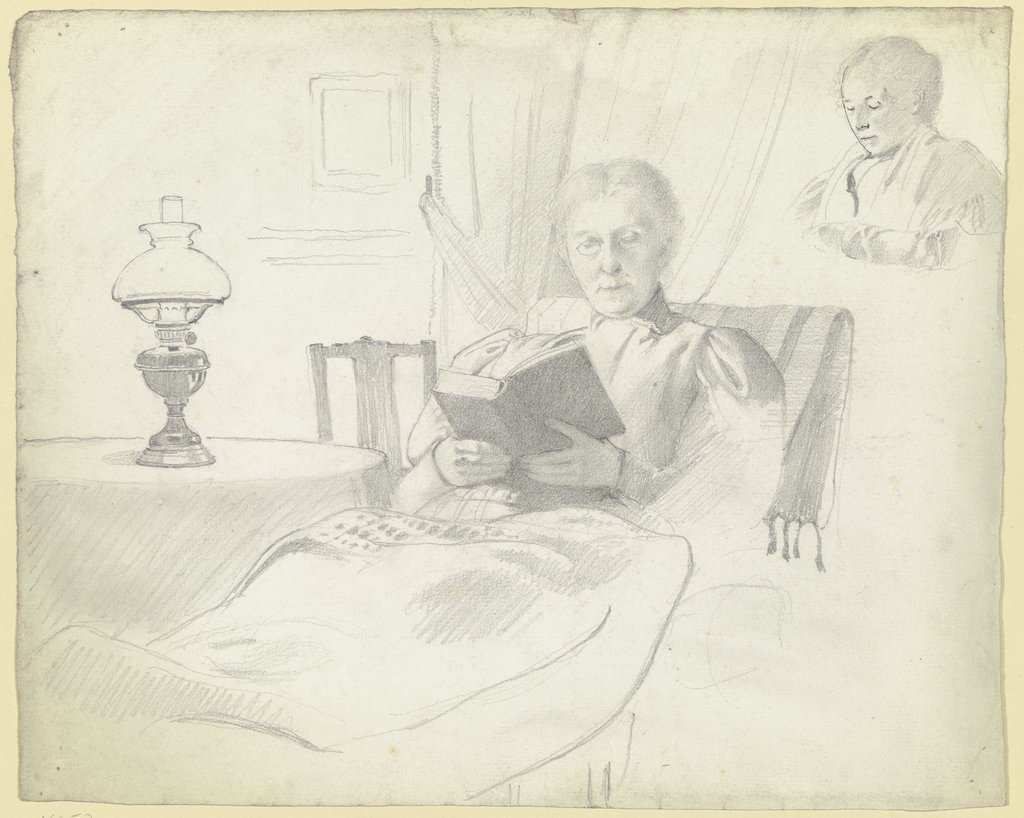 Luise Scholderer lesend mit Tisch und Lampe, Brustbild einer weiblichen Figur im Hintergrund, Otto Scholderer