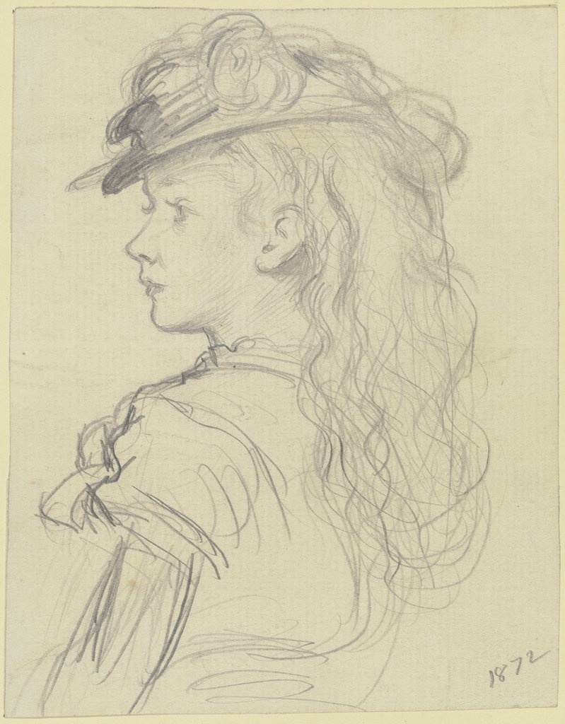 Mädchen in Dreiviertelfigur nach links mit offenem Haar und Hut, Otto Scholderer
