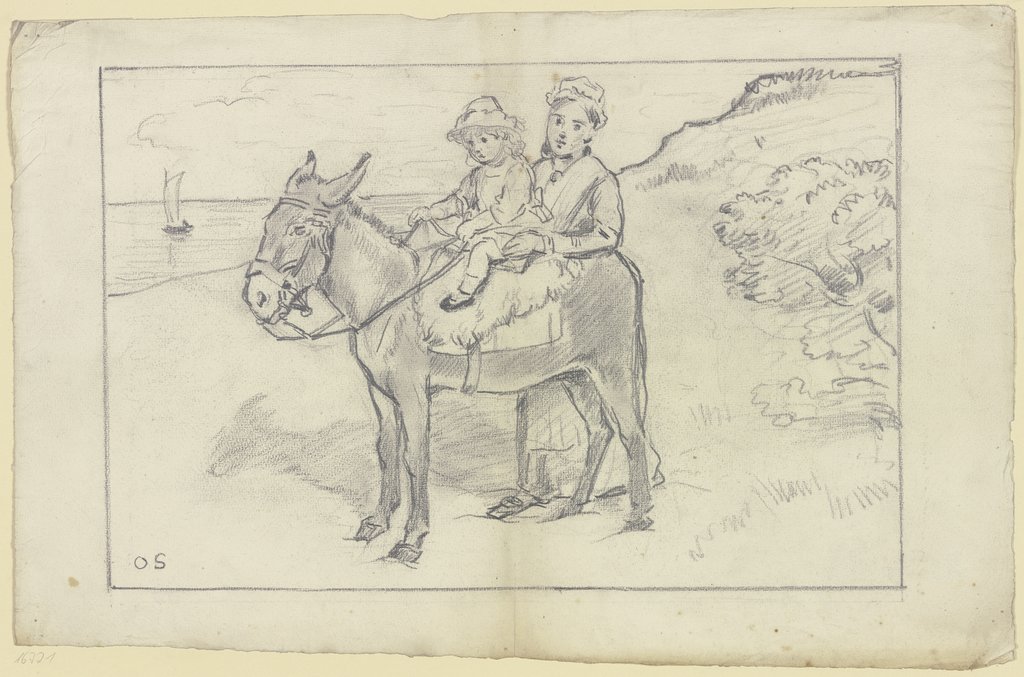 Mutter mit Kind auf Esel am Strand, Otto Scholderer