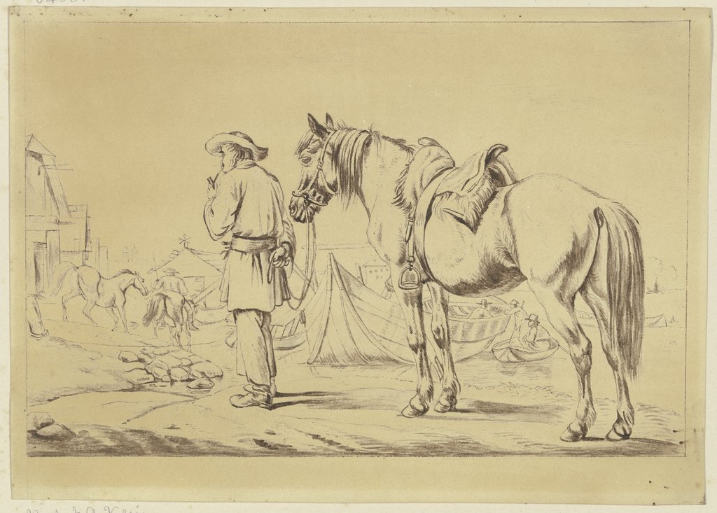 Ein Bauer führt ein gesatteltes Pferd entlang eines Gewässers, Philipp Stricker, nach Johann Adam Klein