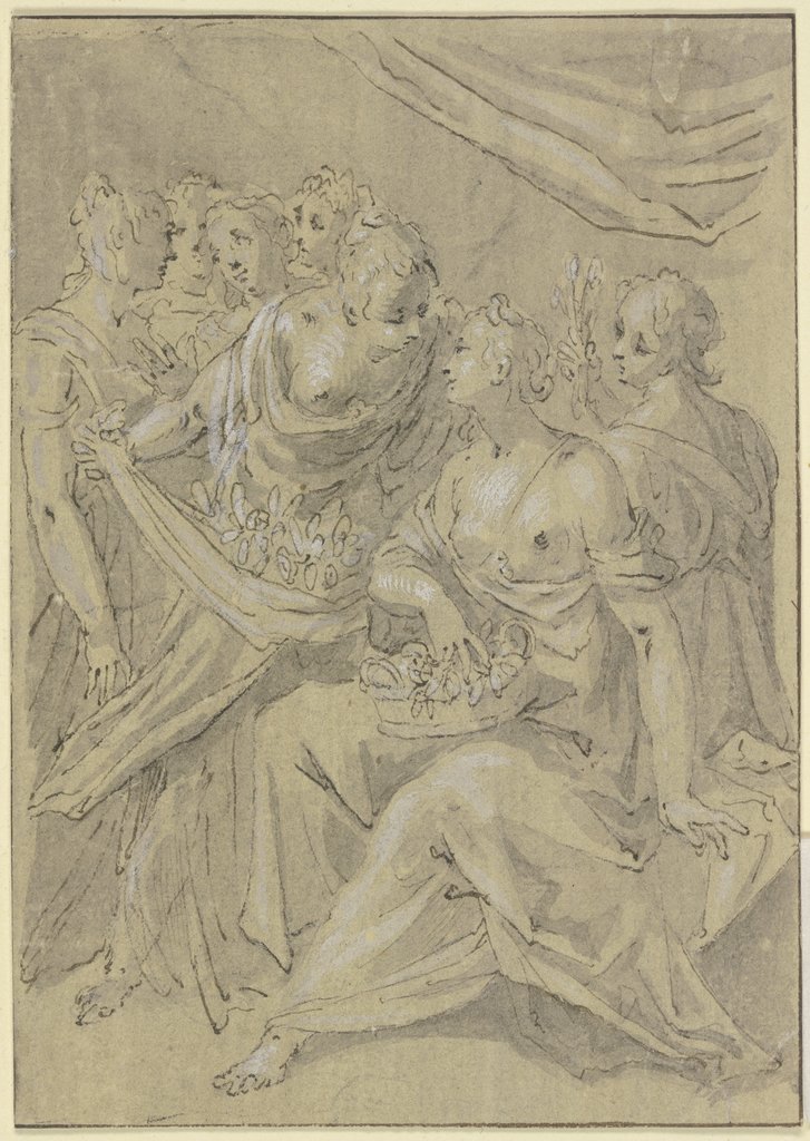 Flora sitzend mit einem Blumenkörbchen, umgeben von ihren Gespielinnen, Friedrich Sustris;   ?
