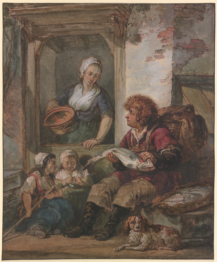 Fishmonger and Maid at a Door, Abraham van Strij