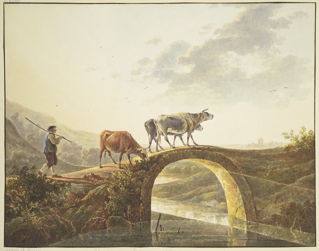 Hirte mit drei Rindern auf einer Flußbrücke, Abraham van Strij, after Aelbert Cuyp