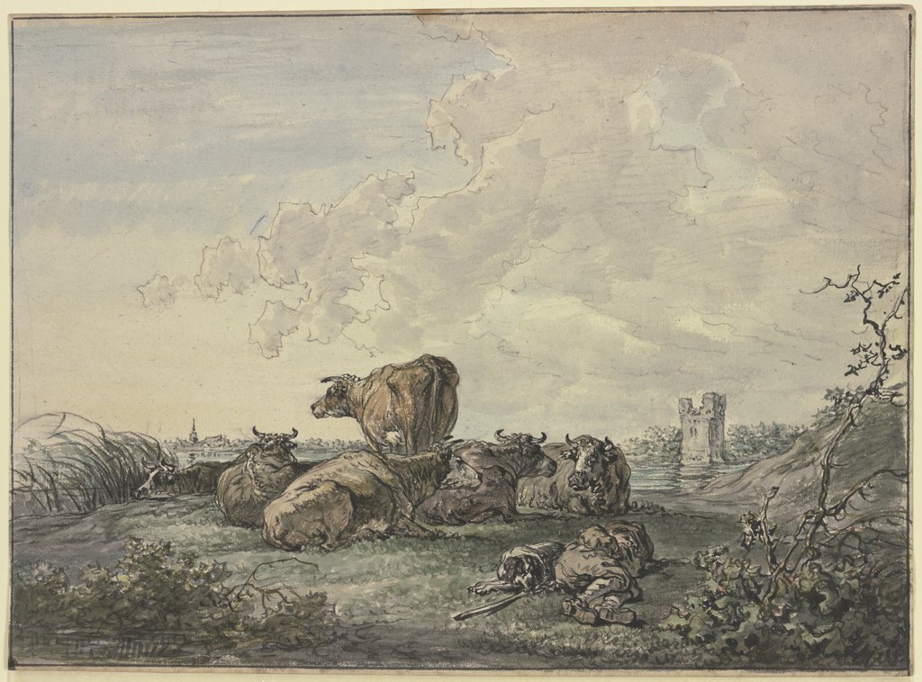 Schlafender Hirte und Rinderherde in einer Landschaft, Jacob van Strij
