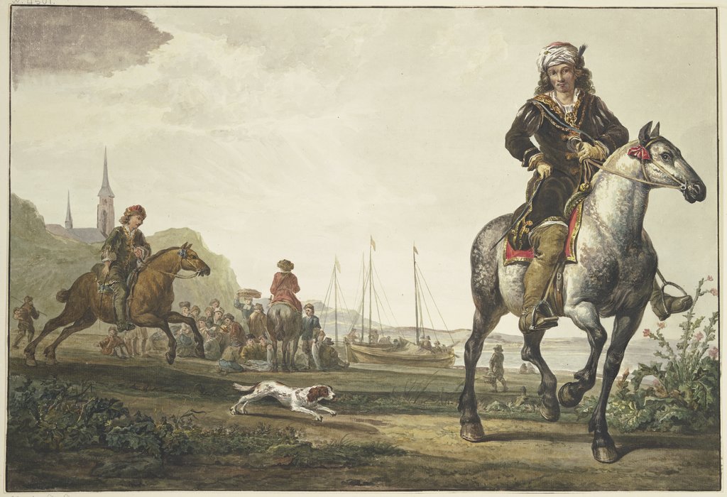Am Ufer eines Flußes sitzt viel Volk bei den Schiffen, vorne rechts ein reich gekleideter Reiter mit einem Turban, links galopiert ein zweiter, Jacob van Strij, nach Aelbert Cuyp