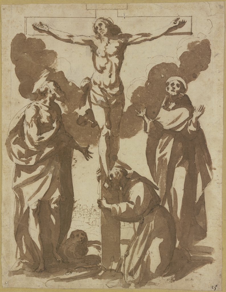Christus am Kreuze, dabei die Heiligen Hieronymus, Franziskus und Antonius, Francesco Allegrini