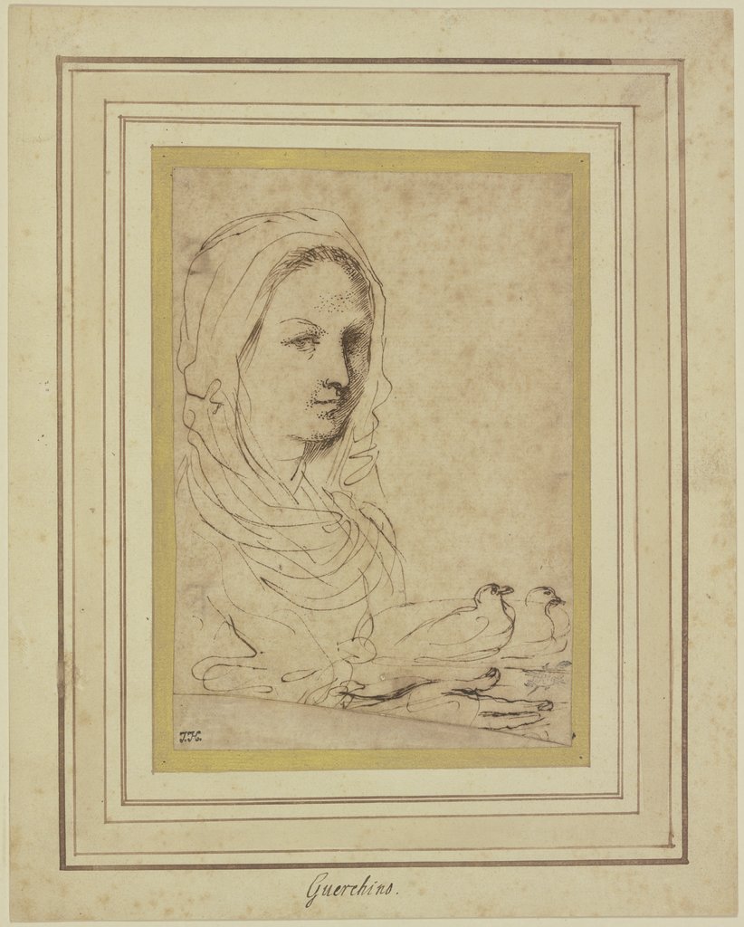 Brustbild eines Mädchens, zwei Tauben tragend, Guercino (Giovanni Francesco Barbieri)