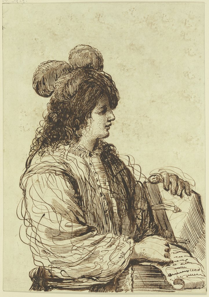 Junger Mann mit Federbarrett ein Buch haltend, Brustbild nach rechts, Guercino (Giovanni Francesco Barbieri);  Nachahmer