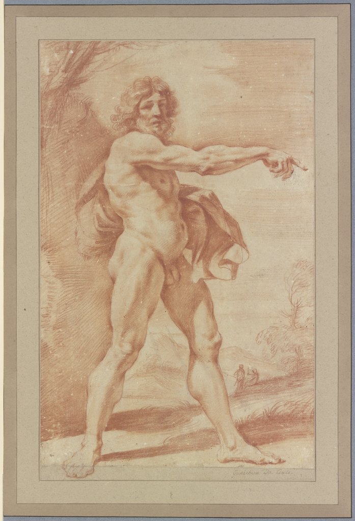 Nackter Mann, ein Gewand unter dem Arm tragend, nach rechts zeigend, Guercino (Giovanni Francesco Barbieri)