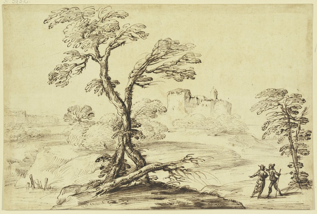 Vorne zwei ineinander verschlungene Bäume, rechts zwei Figuren, im Mittelgrund eine Burg, Guercino (Giovanni Francesco Barbieri);  imitator