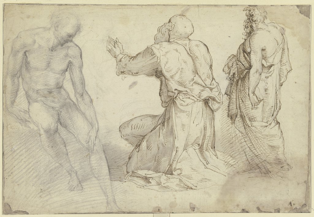 Sitzender männlicher Akt sowie eine kniende und eine stehende Gewandfigur, Italian, 16th century