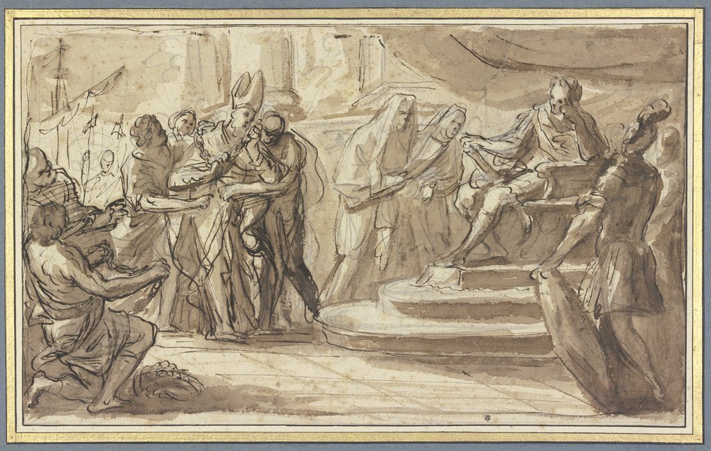 Ein Bischof wird gefesselt vor einen römischen Imperator gebracht, Pietro Bianchi