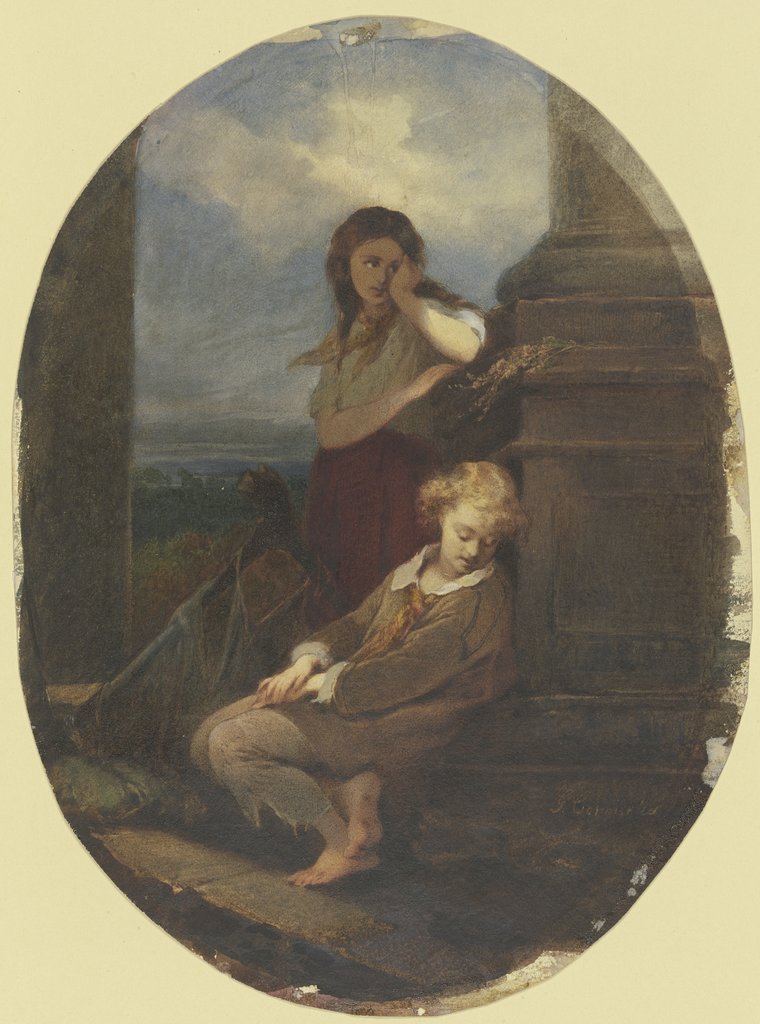 Zwei sitzende Kinder mit Harfe, Georg Cornicelius