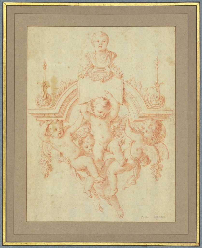 Vier Amoretten tragen ein Gesims mit einer Büste, Louis Testelin;   zugeschrieben, Carlo Cignani;   ?
