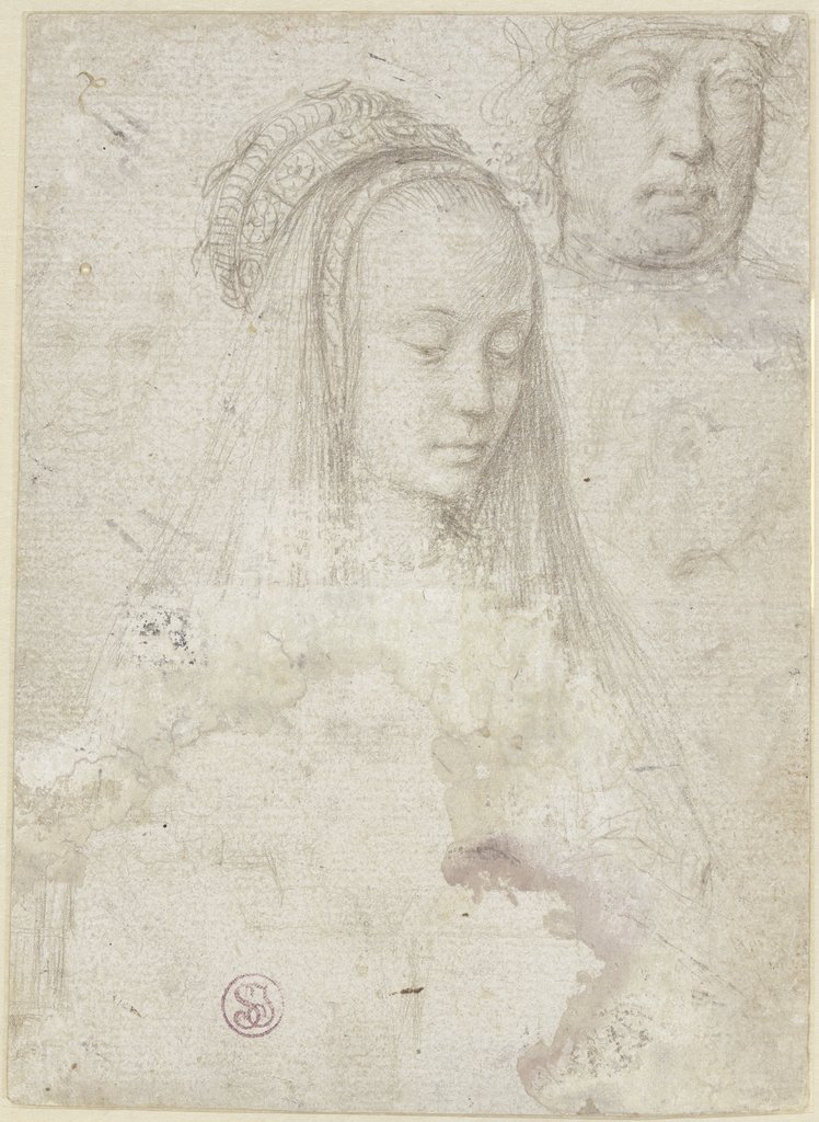Skizzenbuchblatt mit den Köpfen einer jungen Frau und von vier Männern sowie Skizze einer Stadtsilhouette, Gerard David
