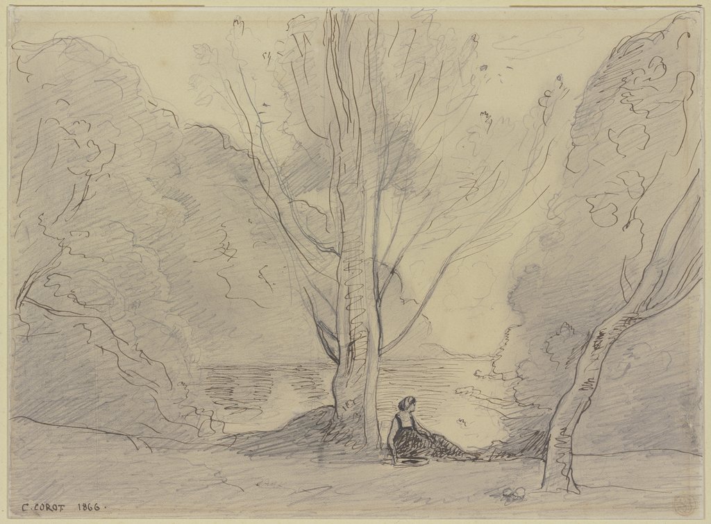 Ruhende Frau unter Pappeln am Fluß, Camille Corot