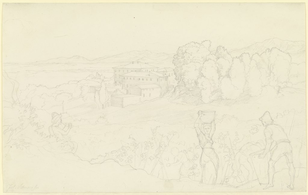 Landschaft mit einer Villa, rechts vorne Winzer, links ein Hirte, der die Flöte bläst, Julius Schnorr von Carolsfeld