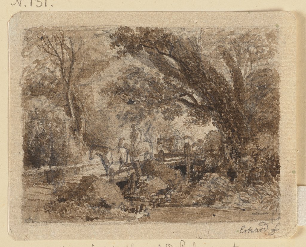Waldpartie mit einer Brücke, über die drei Pferde und ein Reiter gehen, Johann Christoph Erhard