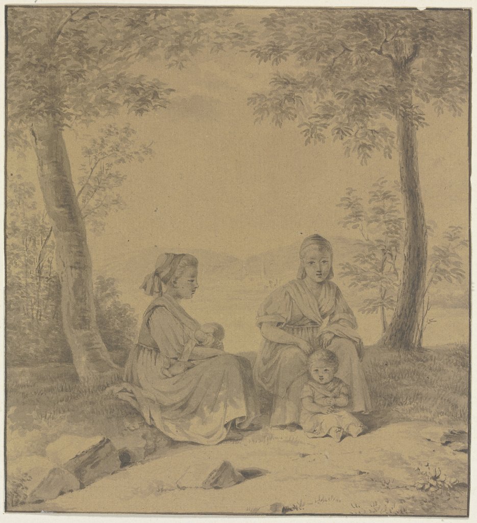Zwei Bäuerinnen mit ihren Kindern unter Bäumen sitzend, Zelie Vachon