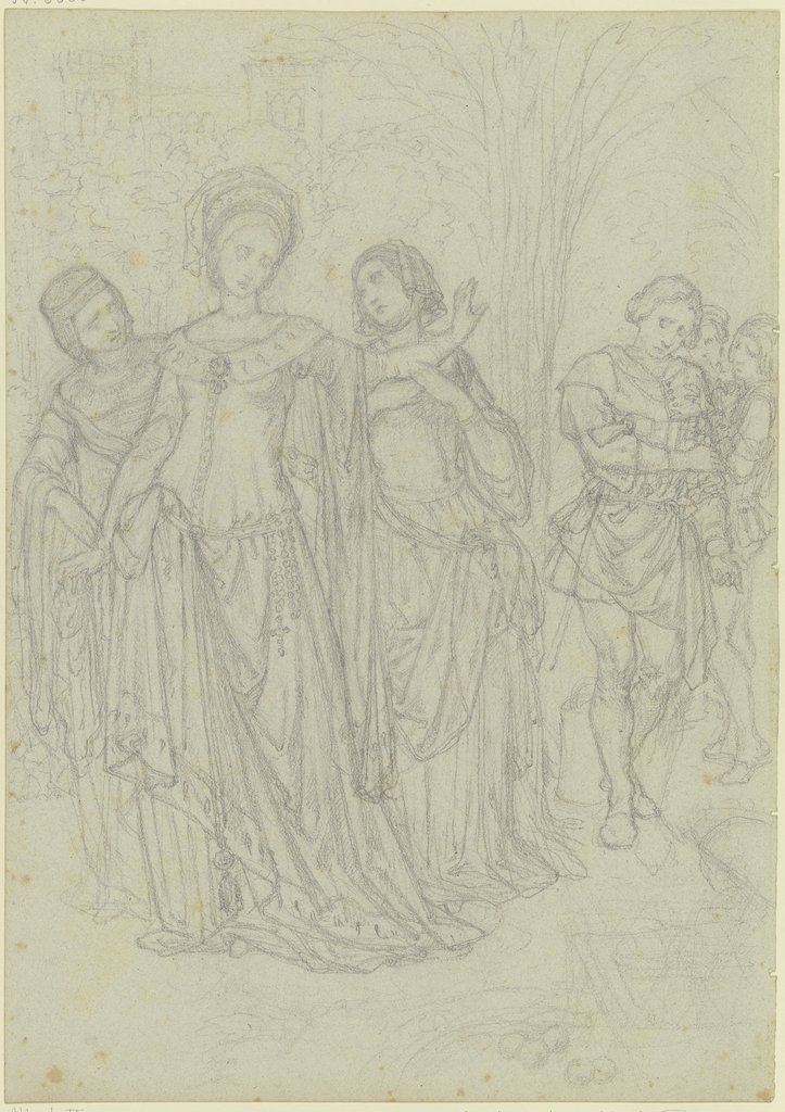 Ungedeutete Szene: Fürstin mit einem Rosenkranz am Gürtel, einen Jüngling abweisend, Ferdinand Fellner