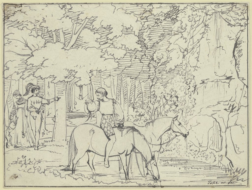An einem Waldrand tränkt ein Reitknecht zwei Pferde, Carl Philipp Fohr