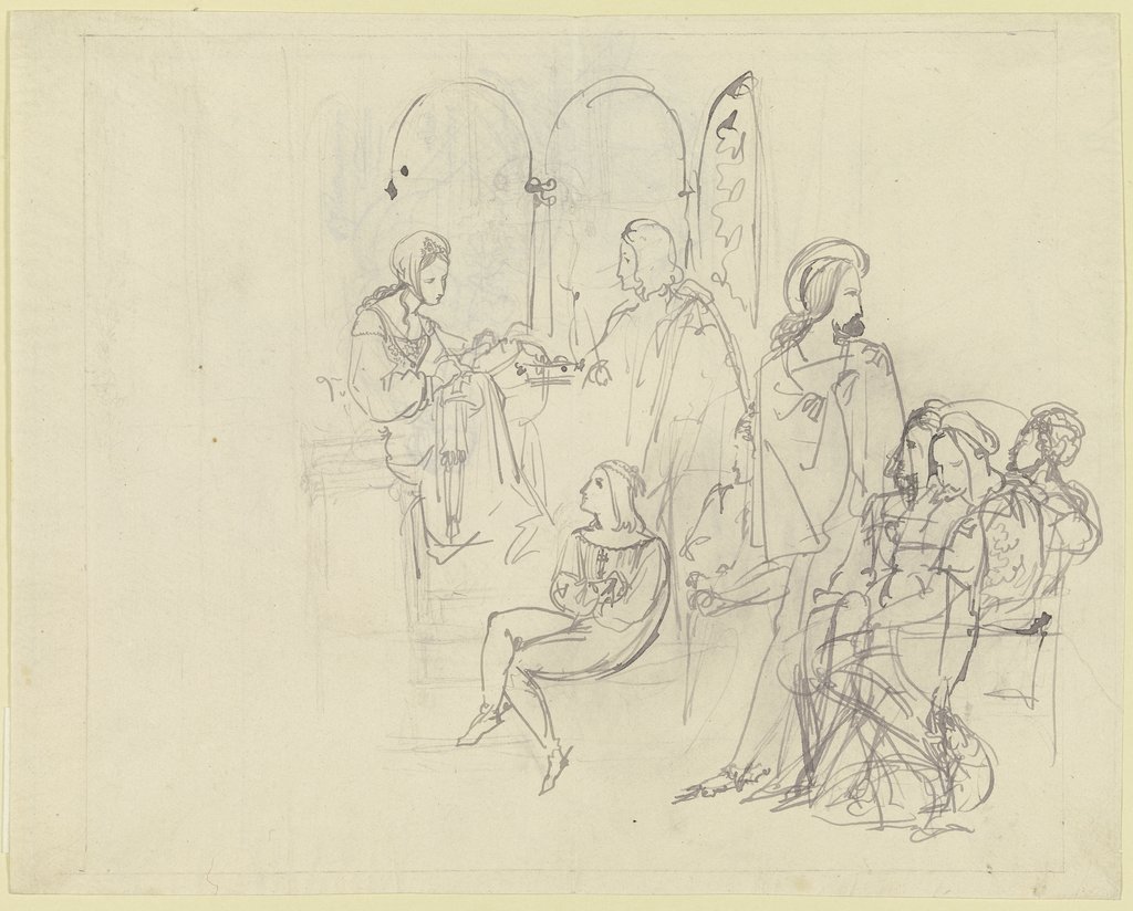 Szene in einer Kemenate (die Heilige Elisabeth stickt dem Landgrafen Ludwig vor dessen Ausfahrt zum Kreuzzug ein Kreuz auf das Gewand), Carl Philipp Fohr
