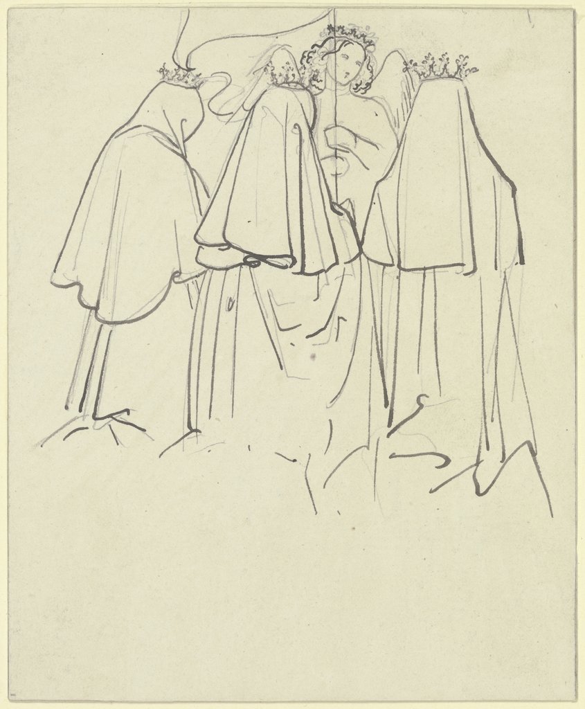 Drei gekrönte Frauen knien vor einem Engel, der eine Fahne schwingt, Carl Philipp Fohr