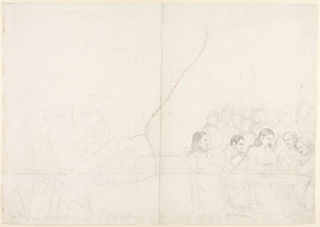 Zweiter Entwurf für das Gruppenbildnis der deutschen Künstler im Café Greco in Rom, zusammengesetzt aus vier Blatt, Carl Philipp Fohr
