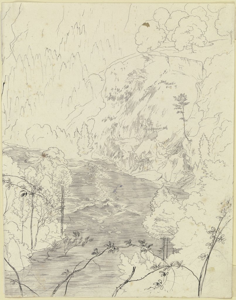 Wildbach in einem Gebirgstal zwischen hohen Hängen, vorne Zweige von Heckenrosen, Carl Philipp Fohr