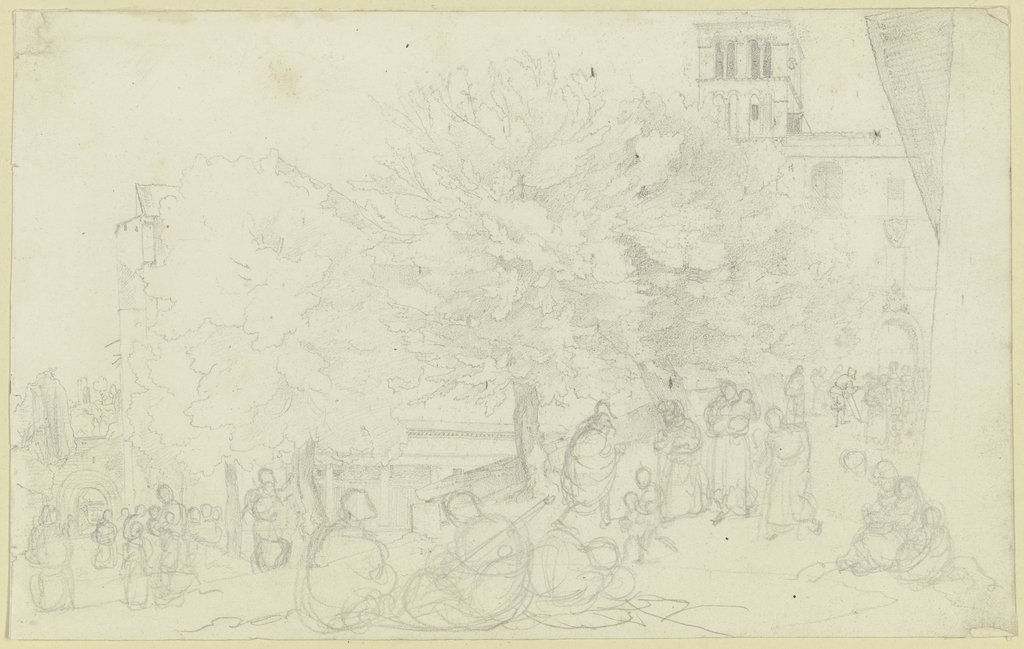 Volksszene auf dem Platz vor einer Kirche in Rom mit Blick auf einen Campanile, Bäume und einen Torbogen, Carl Philipp Fohr