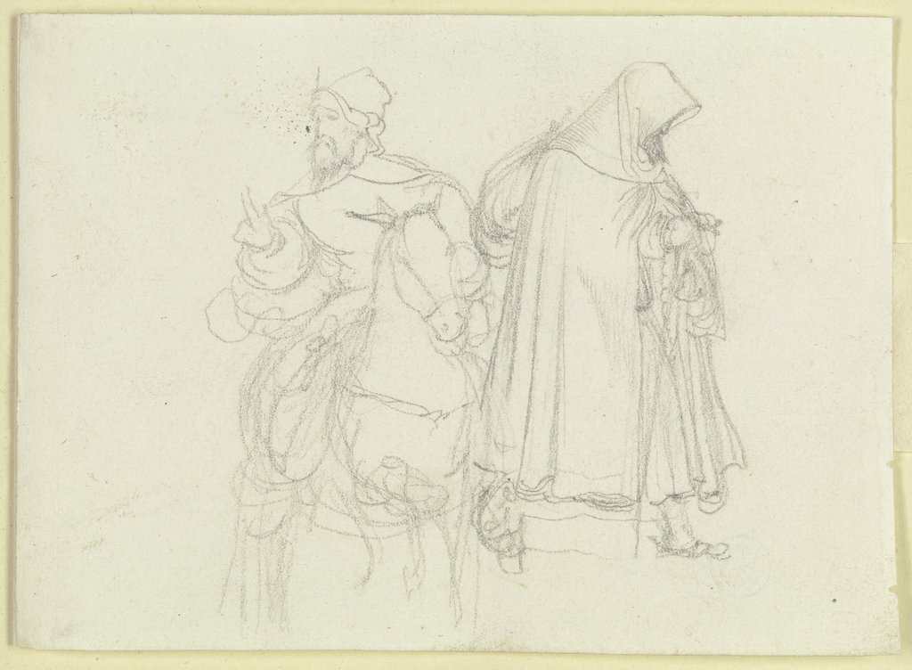 Mann mit Kappe und Bart zu Pferde; nach rechts schreitender Mönch, Carl Philipp Fohr