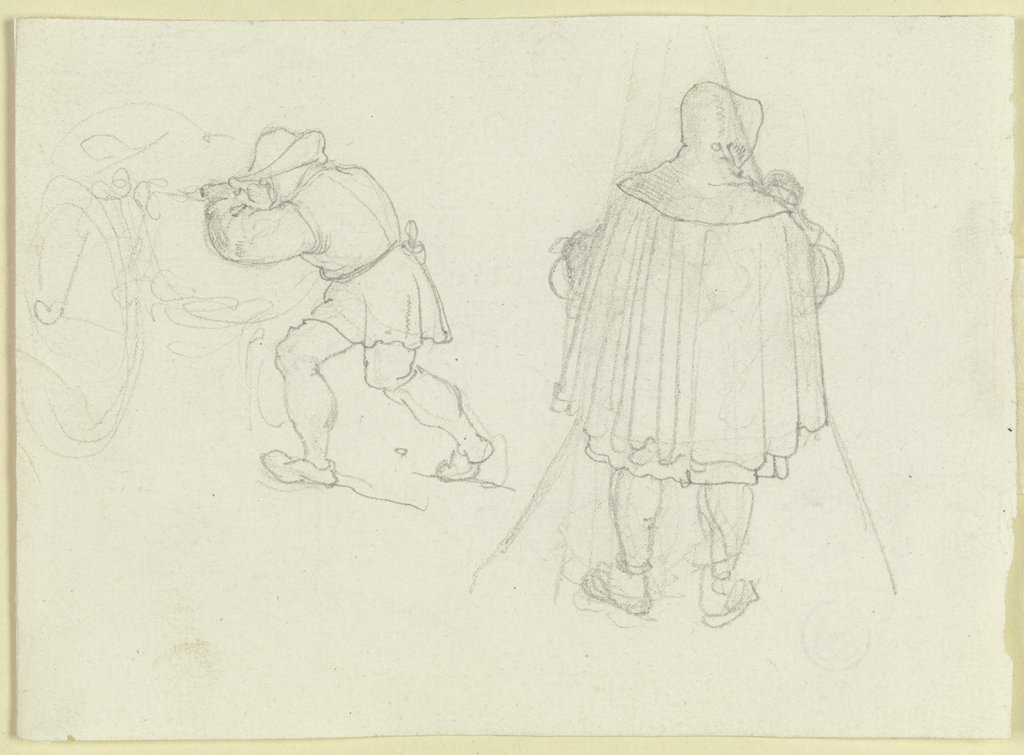 Vorgebeugter, an einem Wagen hantierender Mann sowie eine männliche Rückenfigur mit weitem Mantel, Kapuze und Stab (Pilger?), beide in Kostümen des 16. Jahrhunderts, Carl Philipp Fohr