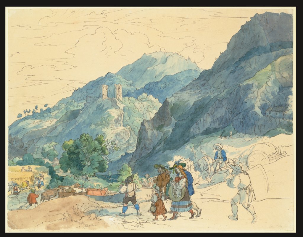 Landschaft bei Innsbruck mit der Ruine Fragenstein und heimkehrenden sowie auf dem Felde arbeitenden Landleuten, Carl Philipp Fohr
