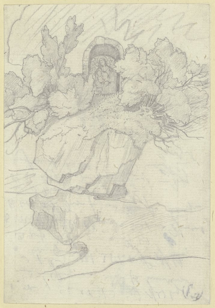 Felsenpartie mit einem Marienbild zwischen Gebüsch, Carl Philipp Fohr