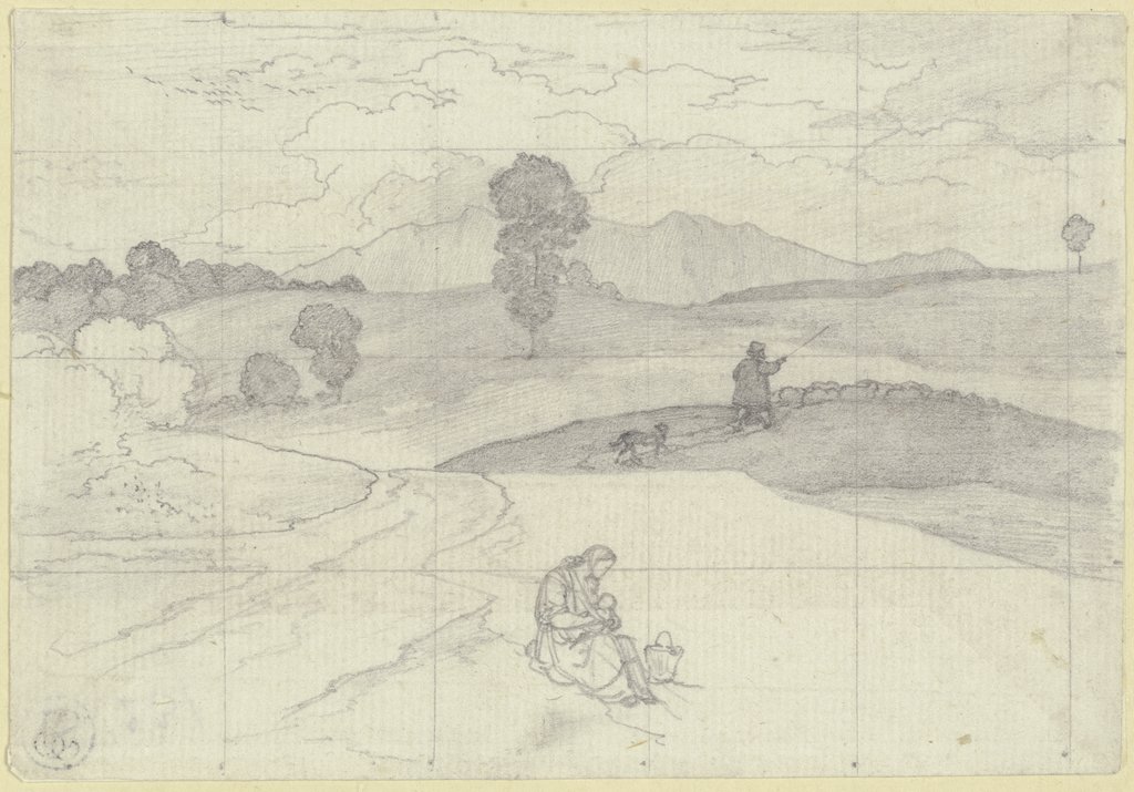 Italienische Landschaft mit Frau und Kind bei einem Korb und abziehender Herde, Carl Philipp Fohr