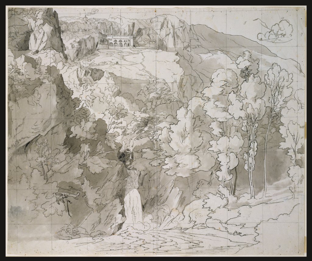 Landschaft bei Subiaco mit einem Wasserfall und dem Kloster San Benedetto, Carl Philipp Fohr